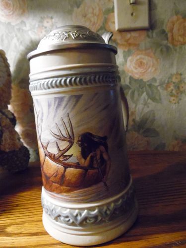 Vintage Gerz Stein 0.5 L  Pewter Lid with Early Native American Scene