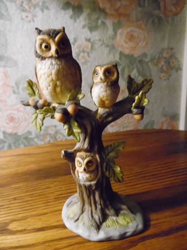 Enesco owl family in oak tree bisque figurine
