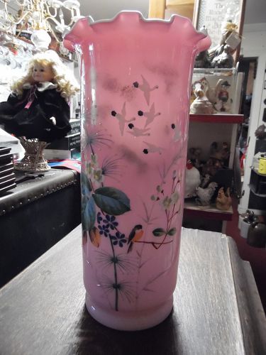 Victorian pink Bristol Glass vase with enamel flowers and birds