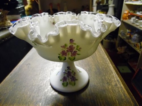 Vintage Fenton silvercrest violets in the snow double ruffled compote