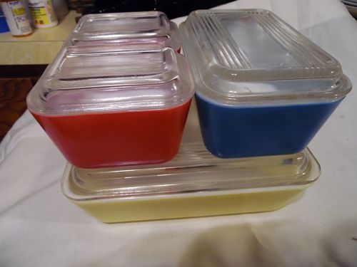 Vintage Pyrex Primary Colors Refrigerator Dish Set -Yellow/Blue/Red