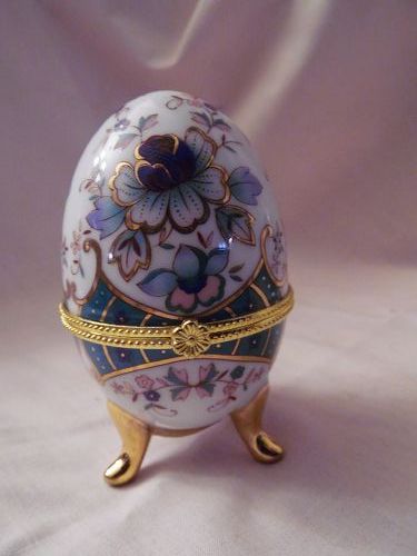 Blue and green floral hinged porcelain egg trinket box