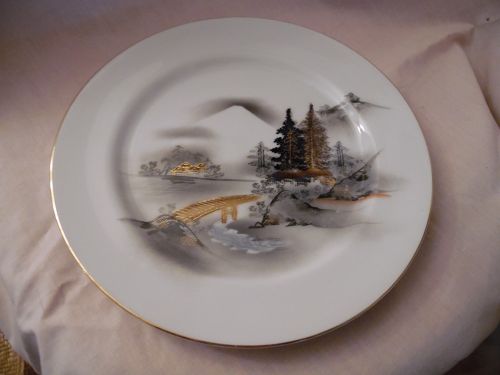 Kutani dinner plate village scene huts Mt Fuji gold trees and bridge