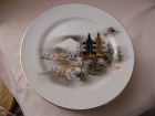 Kutani salad plate village scene huts Mt Fuji gold trees and bridge