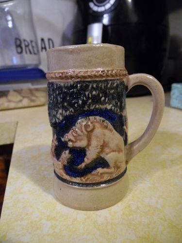 vintage small 3.75 beer stein marked R Wild boar hunting