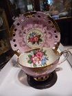 Fancy vintage floral Japanese lustre teacup and saucer open lace edge