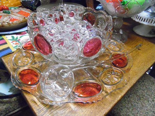 AMAZING cranberry flashed moon and star punch bowl set