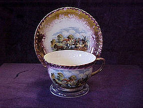 Dickens Days scene, English lustre tea cup and saucer