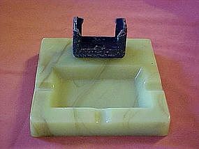 Lime slag  glass ashtray with cast iron match holder