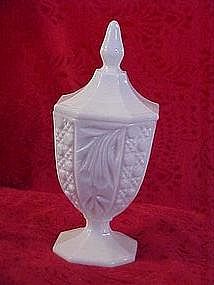 Tall milk glass compote with lid, fruit patterns