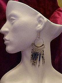 Silver long dangle earrings with blue,pierced