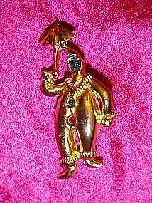 Gold tone clown with umbrella, pin by JJ