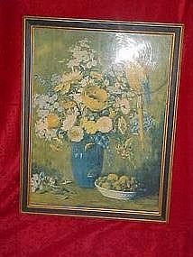 Old framed print of flowers with parrot "Remembrance"
