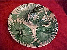 Vintage Mexican pottery, Plate and cup, green floral
