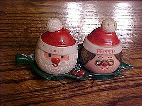 Mr and Mrs. Claus salt and pepper shakers on tray