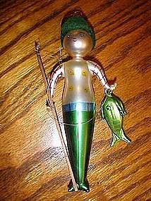 Fisherman and fish, blown glass ornament