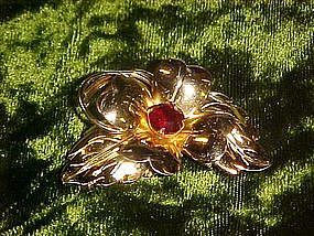 Monet pin/pendant flower pin with ruby rhinestone