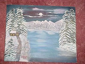 Oil painting on canvas, Winter mountain and lake scene