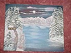 Oil painting on canvas, Winter mountain and lake scene