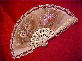 Hand painted  white cloth fabric  fan with lace