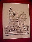 Victorian house with tall turret, print by Dathe 1973