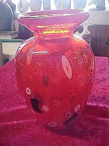 Orange art glass vase with milliflori, probably Murano