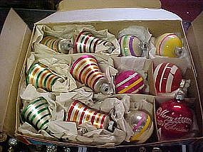 Vintage box of Christmas ornaments, balls and bells