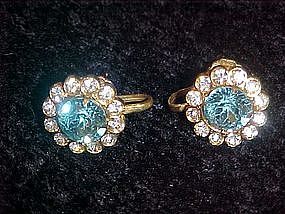 Coro blue topaz color rhinestone earrings, screw backs