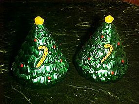 Ceramic Christmas tree salt and pepper shakers, metalic