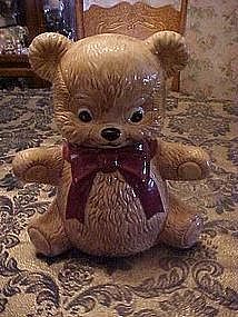 Vintage teddy bear cookie jar with big bow