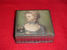 Rembrandt girl silk top, vintage metal jewelry box