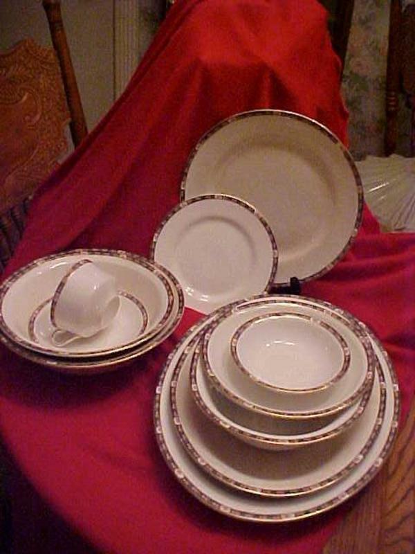 W.S. George China pieces, blue band, pink roses
