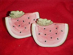 Large watermelon slices, salt and pepper shakers