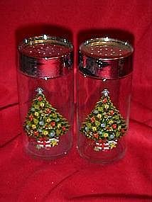 Large glass salt and pepper shakers with Christmas tree