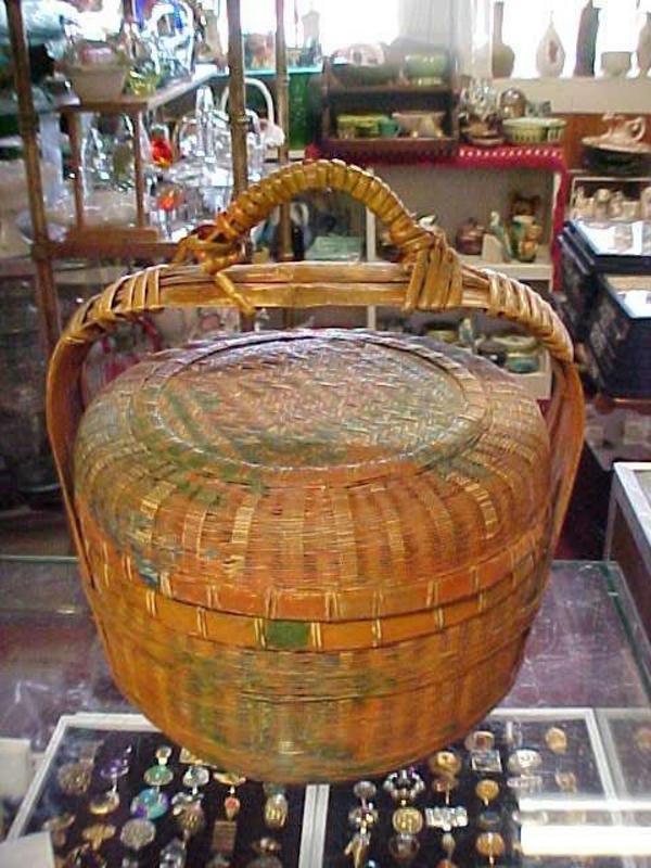 Old woven  basket with lid and handle, sewing?