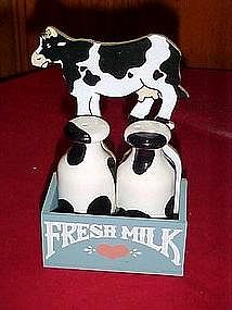 Cow and crate/ milk bottles/ salt and pepper shaker set