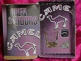 Camel set, shot glass, pin and cue chalk, mint in box