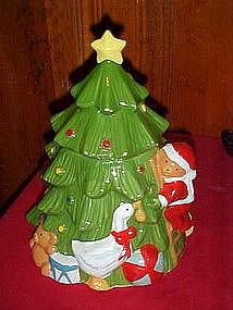 Santa Bear decorating Christmas tree, cookie jar
