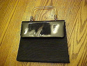 Black silk and patent leather purse, lucite handle