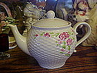 Teleflora teapot, basket weave pattern with flowers