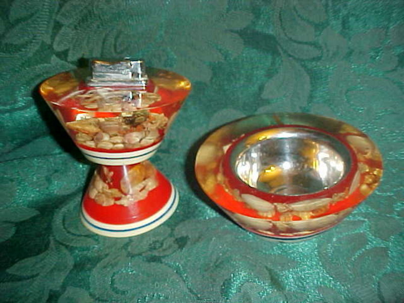Lucite / resin sea shells ashtray and lighter set