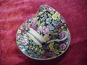 Mayfair, black chintz cup and saucer, Staffordshire