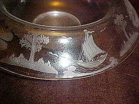 Vintage wheel cut center bowl, pagoda, boat, island