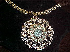 Boho look, faux turquoise and silver filigree pendant