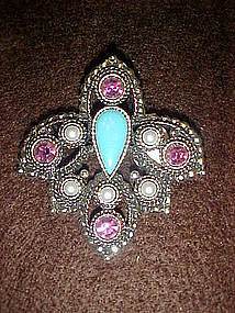 Sarah Coventry pin, amethyst, pearls, turquoise stones