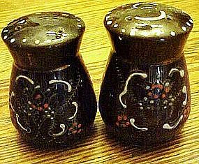 Old redware salt and pepper shakers, hand painted