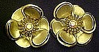 Vintage gold flower clip earrings, rhinestone center