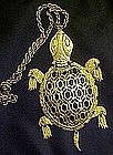 Large goldtone retro turtle pendant, moveable parts