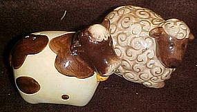 Ceramic sheep and cow figural salt and pepper shakers