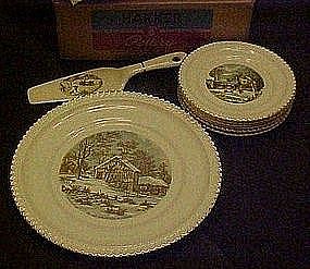 Harker pottery 8 pc gadroon cake set, original box